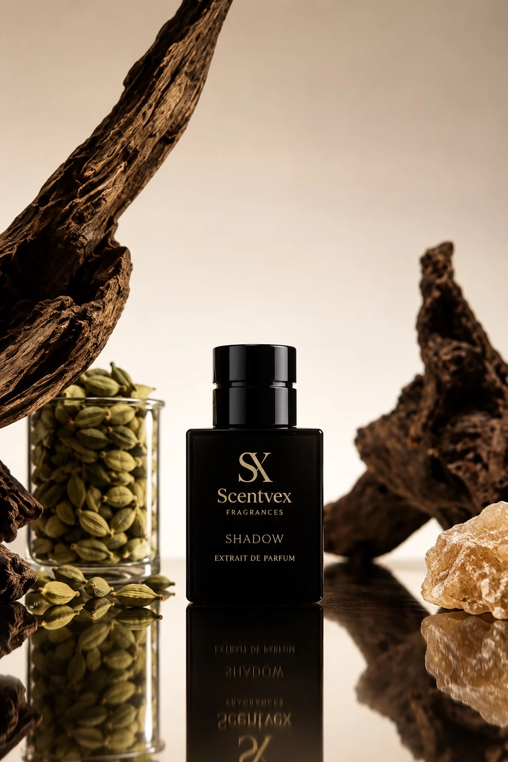 Shadow bottle among cardamom and wood